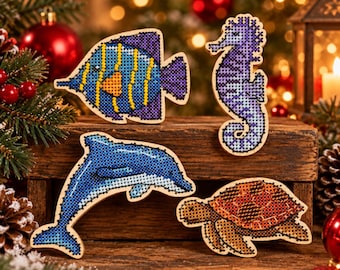 Underwater Sea Animals Cross Stitch Kit on Wood, DIY Embroidery Magnet Set, Dolphin Turtle Seahorse Fish Craft Gift