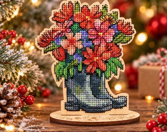 Christmas Floral Boot Cross Stitch Kit on Wood, DIY Holiday Embroidery Decor, Wooden Winter Ornament, Festive Flower Craft Gift