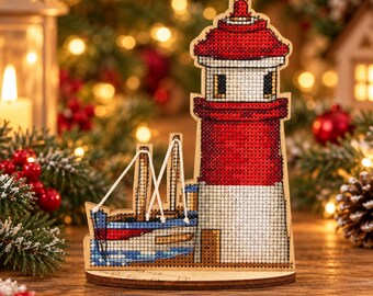 Lighthouse Cross Stitch Kit on Wood, DIY Nautical Embroidery with Fishing Boat, Coastal Decor Craft, Maritime Needlework Gift