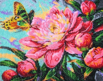 Bead Embroidery Kit “Peony Flower”, DIY Beadwork Kit, Hand Embroidery on Satin, Beginner Craft Set, Floral Needlework Gift, 26x33 cm