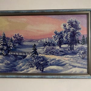 Finished Cross Stitch in Frame Winter scenery 45 cm x 66 cm – Completed Embroidery Full coverage Home Wall Art Handmade Embroidered Picture