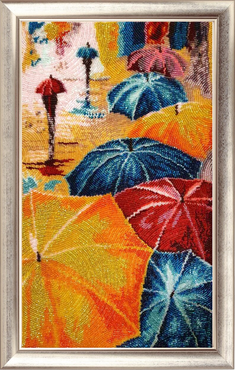 Bead Embroidery Kit, Umbrella Wall Art, Beadwork Kit on Satin, DIY Beaded Picture, Craft Kit for Adults, Christmas gift, 3D Embroidery image 4