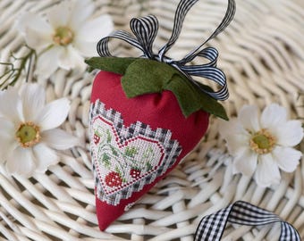 Strawberry Cross Stitch Kit, Pincushion Ornament, Farmhouse Decor, DIY Embroidery, Handmade Gift