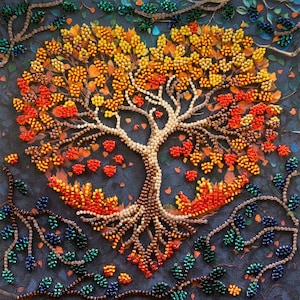 Peut inclure: Un arbre en forme de cœur fait de perles, avec des branches brunes et des feuilles rouges, orange et jaunes. L'arbre est sur un fond bleu foncé avec de petites perles vertes et bleues.