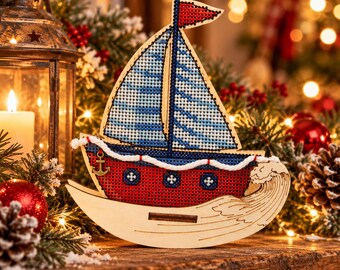 Christmas Sailboat Cross Stitch Kit on Wood, Nautical Holiday Decor, DIY Wooden Embroidery Boat, Coastal Xmas Ornament Craft