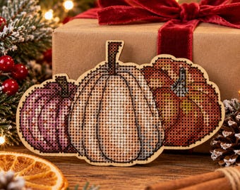 Christmas Pumpkin Cross Stitch Kit on Wood, Rustic Farmhouse Holiday Decor, DIY Wooden Embroidery, Cozy Winter Craft Gift