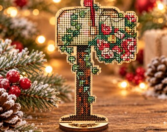 Floral Mailbox Cross Stitch Kit on Wood, DIY Christmas Shelf Decor, Wooden Embroidery Ornament, Botanical Holiday Craft Gift
