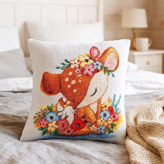 クッション（刺繍） クロスステッチ枕キット 子鹿デザイン、DIY刺繍クッションキット、森の