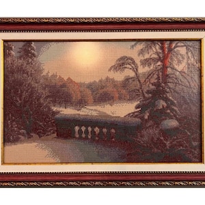 Finished Cross Stitch in Frame Winter 51 cm x 35 cm – Completed Embroidery Full coverage Home Wall Art Handmade Embroidered Picture