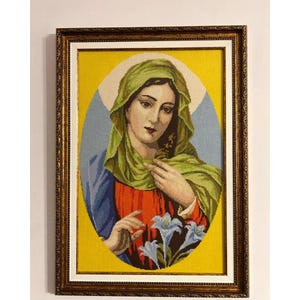 Finished Cross Stitch in Frame Madonna 41 cm x 58 cm – Completed Embroidery Full coverage Home Wall Art Handmade Embroidered Picture