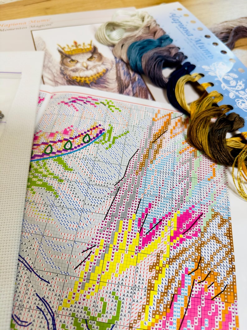 Puede incluir: Un kit de punto de cruz con un patr&oacute;n impreso, hilo de bordar y tela Aida. El patr&oacute;n presenta un dise&ntilde;o colorido con un b&uacute;ho con una corona. Los hilos son en tonos de azul, marr&oacute;n y dorado.