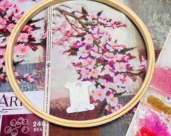 桜ビーズ刺繍アートキット、日本の花柄スクエアキャンバス - Etsy 日本
