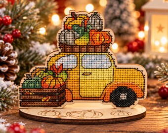 Christmas Cross Stitch Kit on Wood, Vintage Car Holiday Decor, DIY Wooden Embroidery, Festive Farmhouse Ornament Craft