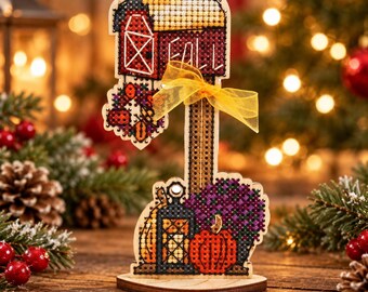 Christmas Mailbox Cross Stitch Kit on Wood, Pumpkin Farmhouse Holiday Decor, DIY Wooden Embroidery, Rustic Autumn Winter Craft