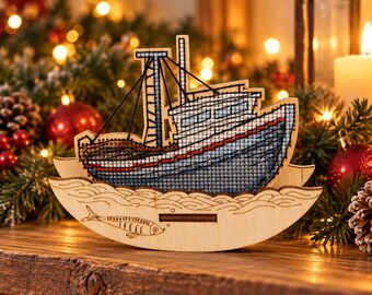 Yacht Cross Stitch Kit on Wood, Nautical Christmas Decor, DIY Sailing Embroidery, Coastal Holiday Craft Gift for Boat Lovers