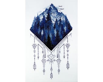 Cross Stitch Kit Mountain Landscape, DIY Embroidery Kit, Forest Nature Geometric Art