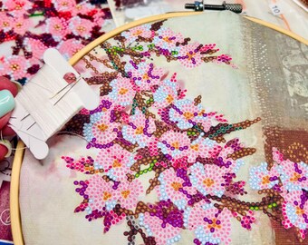 桜ビーズ刺繍アートキット、日本の花柄スクエアキャンバス - Etsy 日本