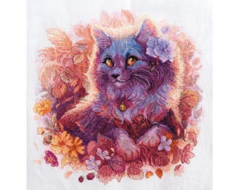 Floral Cat Counted Cross Stitch Kit, Colourful Animal Wall Art, Intermediate DIY Embroidery (30x30cm)
