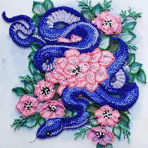 Bead Embroidery Kit Snake & Flowers, DIY Beaded Snake, Bead Flower Kit, Beadwork Kit, Snake Lover Gift for Her, Beadwork Wall Decor