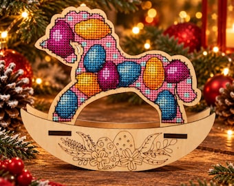 Easter Egg Cross Stitch Kit on Wood, Pysanka Rocking Horse Decor, DIY Wooden Embroidery, Colorful Spring Craft Gift