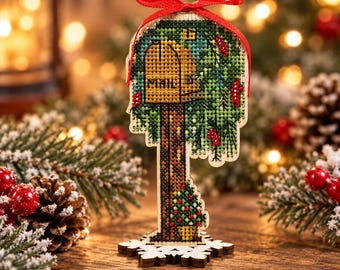 Christmas Mailbox Cross Stitch Kit on Wood, Winter Holiday Decor, DIY Wooden Embroidery Ornament, Festive Mailbox Craft Gift