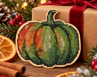 Green Pumpkin Cross Stitch Kit on Wood, Rustic Christmas Decor, DIY Farmhouse Embroidery, Holiday Wooden Craft Gift