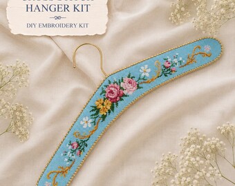 Cross Stitch Hanger Kit, Rose Embroidery DIY, Floral Bridal Decor, Wedding Accessory, Padded Wooden Clothes Hanger