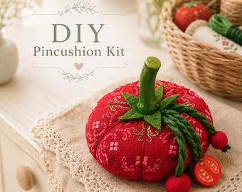 Cross Stitch Pincushion Kit, Tomato Pincushion DIY Kit, Sewing Accessory, Embroidery Kit, Gift for Sewist, Tomato Decor