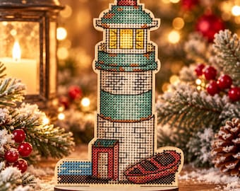 Christmas Lighthouse Cross Stitch Kit on Wood, Coastal Holiday Decor, DIY Wooden Embroidery, Nautical Winter Craft Gift