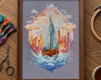 Sailboat Cross Stitch Kit, Sea Landscape Embroidery, DIY Craft Nautical Wall Art
