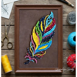 Kit de arte com fios, design de penas, faça você mesmo, artesanato com pregos e linha, kit colorido de arte decorativa de parede boho.