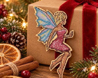 Fairy Christmas Ornament Cross Stitch Kit on Wood, DIY Fantasy Holiday Decor, Wooden Embroidery Tree Ornament, Preciosa Bead Craft