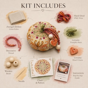 Cross stitch pincushion kit contents displayed in a detailed infographic. Includes Zweigart Belfast 32 ct linen, hand-dyed DMC floss, ceramic stem, ceramic heart charm, decorative wool thread, wooden beads, needle, printed chart, assembly guide, and illustrated instructions for creating a pumpkin pincushion.