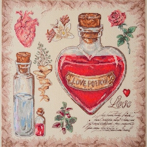 Heart Cross Stitch Kit – Romantic DIY Embroidery for Beginners, Love Potion Sampler Pattern, Handmade Valentine Gift, Needlework for Adults