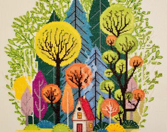 Cross Stitch Kit Forest House, DIY Embroidery Kit Cozy, Woodland Cottage Landscape Art