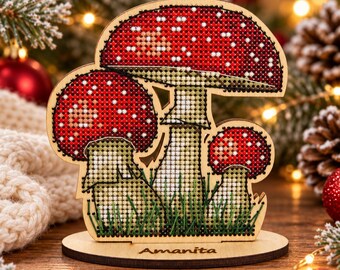 Amanita Mushroom Cross Stitch Kit on Wood, Woodland Christmas Decor, DIY Red Mushroom Embroidery, Rustic Holiday Craft Gift