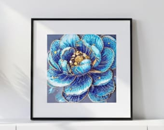 Bead Embroidery Kit mit Blauer Blume, 3D Perlen Stickerei, 3D Stickerei für Erwachsene, Handarbeit Geschenk, Easy Embroidery Painting, Perlenstickerei