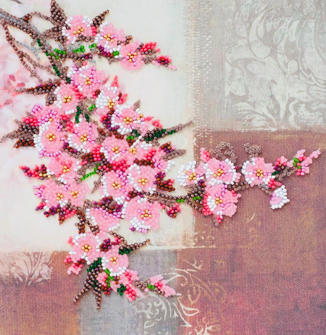 桜ビーズ刺繍アートキット、日本の花柄スクエアキャンバス - Etsy 日本