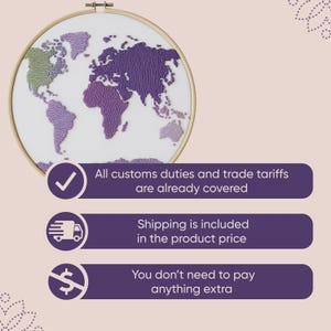 Shipping and delivery information infographic for handmade embroidery kits. Highlights secure packaging, tracked worldwide shipping, and customer-friendly ordering process for cross stitch and sampler embroidery kits.