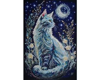Cross Stitch Kit "Night Guest": Adorable Cat Embroidery and Modern Needlepoint Kit for Stunning Home Wall Décor and Handmade Gift