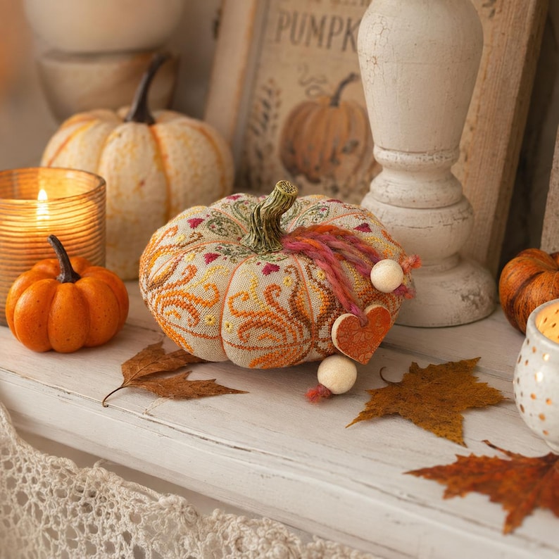 Autumn pumpkin pincushion displayed as seasonal home décor among candles, pumpkins, and fall leaves. The embroidered pincushion combines counted cross stitch, decorative stitches, ceramic accents, and hand-dyed floss to create a charming autumn display piece.