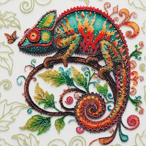 Bead Embroidery Kit Chameleon, Easy Beading Crafts, Hand Embroidery, Craft Kit For Adults, Christmas Gift