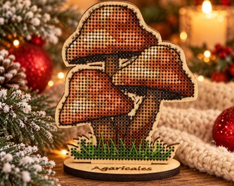 Honey Mushroom Cross Stitch Kit on Wood, Woodland Christmas Decor, DIY Forest Embroidery, Rustic Holiday Craft Gift