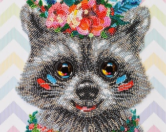 Raccoon Bead Embroidery Kit, Easy Needlepoint Craft Kit For Adults, Modern Hand Embroidery Beadwork Set, DIY Animal Art, Christmas Gift