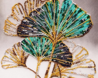 Bead Embroidery Kit "Emerald Leaves": DIY Craft Kit for Beaded Needlework, Ideal for Hand Embroidery Enthusiasts and Home Wall Decor