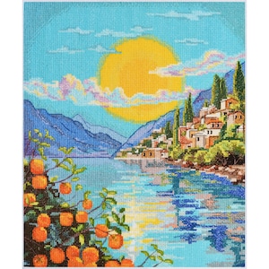 Cross Stitch Kit &quot;The Sun of Sicily&quot;:Golden Beach Delight, Counted Cross Stitch, Sea View Tapestry Kit, Gift for Her or Home Decor,Abris Art
