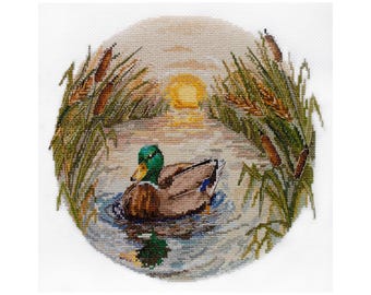 Cross Stitch Kit Evening Swim, Duck Nature DIY Embroidery, Craft Kit for Adults