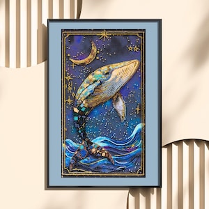 May include: Framed artwork showing a whale leaping from the sea. The whale is made of gold, teal, and blue beads, set against a dark blue starry sky. A crescent moon and stars are also featured in the design.