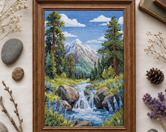 Mountain Cross Stitch Kit, Faraway Mountains Embroidery, Nature Landscape Needlework, Forest River Craft Kit, Scenic DIY Stitching