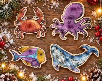 Sea Animals Cross Stitch Kit on Wood, DIY Embroidery Magnet Set, Whale Octopus Crab Fish Craft, Marine Life Needlework Gift